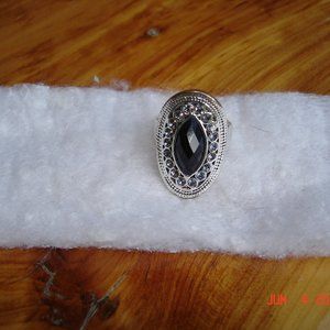 Silver Tone Ring with Black Faceted Center and Rhinestones Size 7